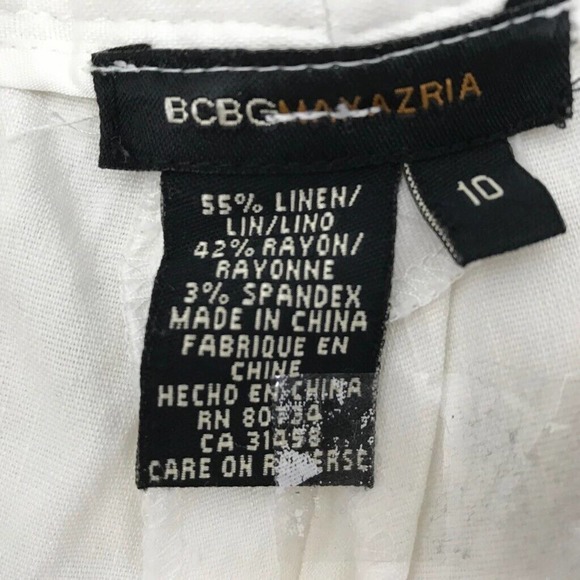 Bcbgmaxazria Womens White Stretch Flat Front Linen Blend Straight Leg Pant Sz 10 - Picture 6 of 6